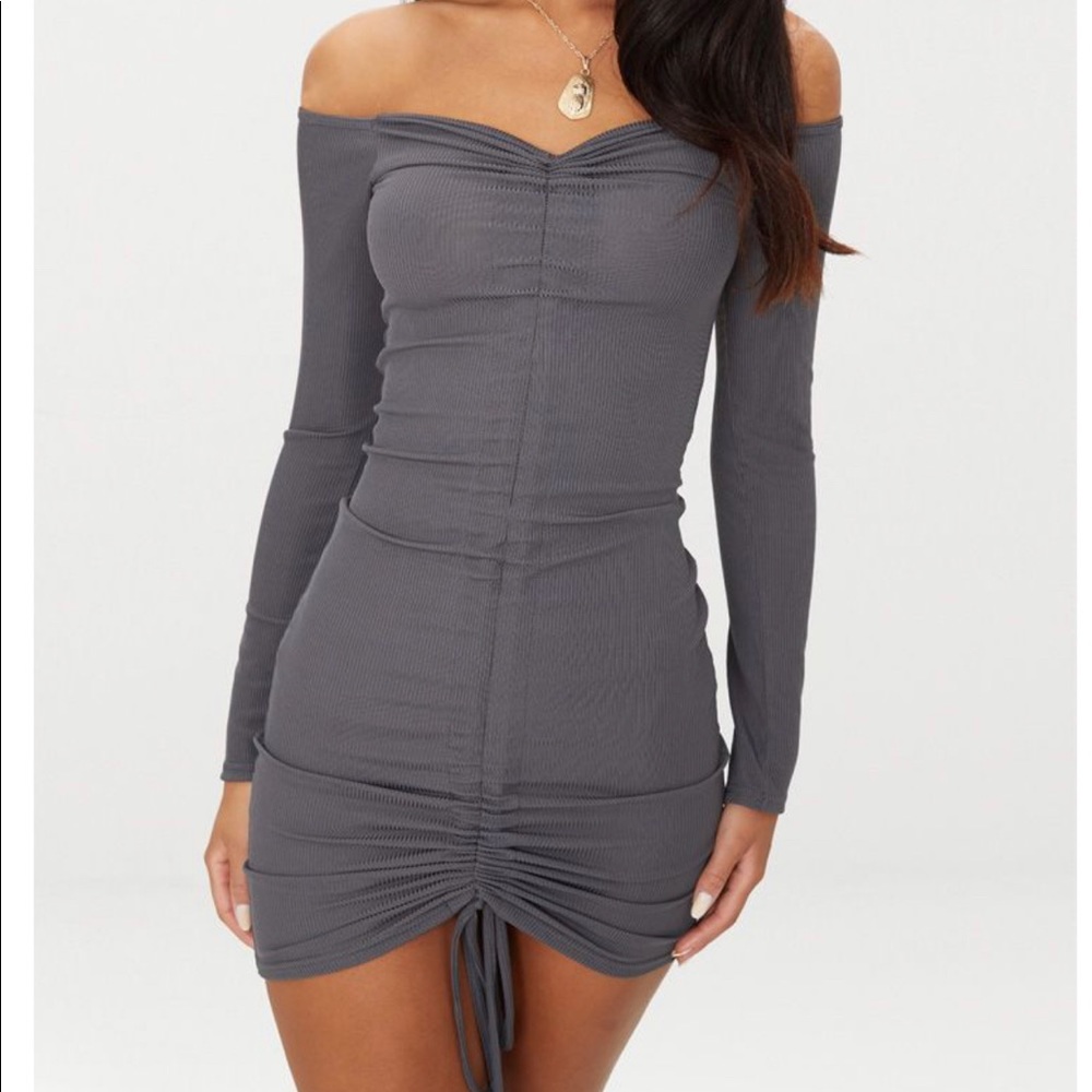 #PrettyLittleThing ruched charcoal bodycon dress